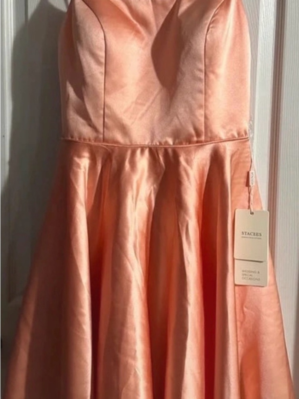 Staceles Peach Satin Prom Dress - Strapless Fit & Flared Skirt